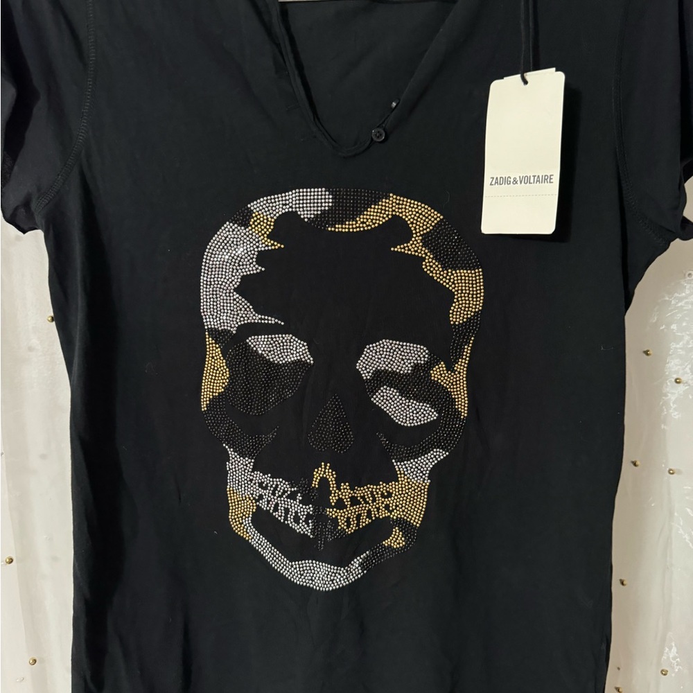 NWT ZADIG & VOLTAIRE Tunisien Front Camo Embellished Skull Tee - Picture 4 of 10